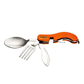 Neo Tools Kempingový kapesní nůž, hliník, 100mm, 3v1, nůž, vidlička, lžička